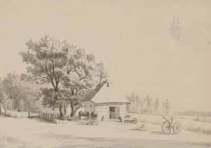 Thorald Brændstrup: Landskab med smedie ca. 1870